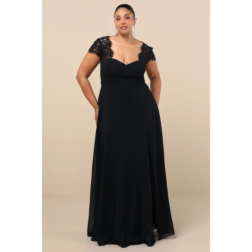 Lulu's Black Maxi Dress with Lace Cap Sleeves